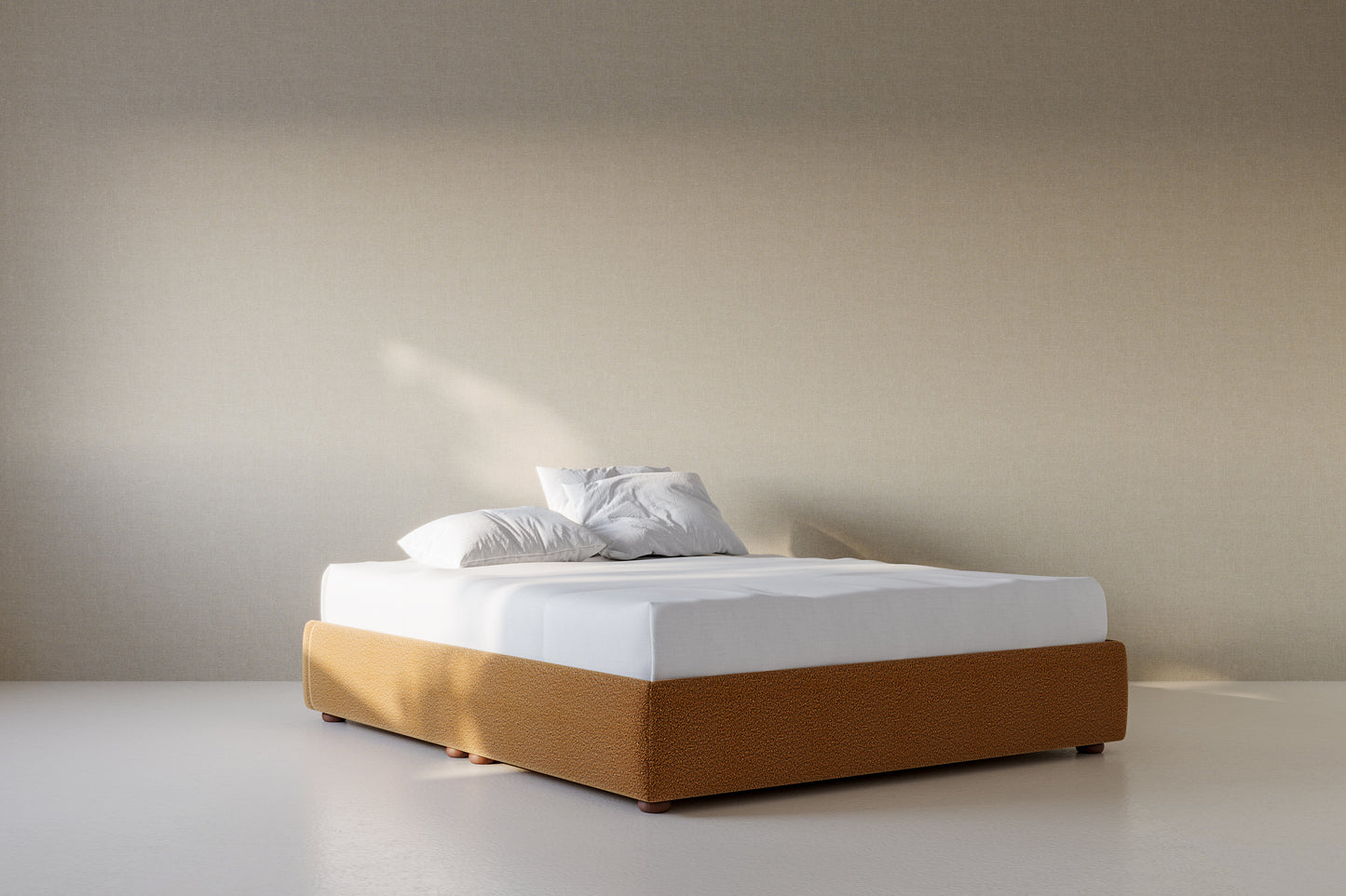 Mustard yellow boucle bed base in white interior